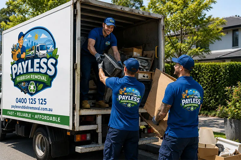 The Payless Rubbish Removal family team loading a truck in Sydney